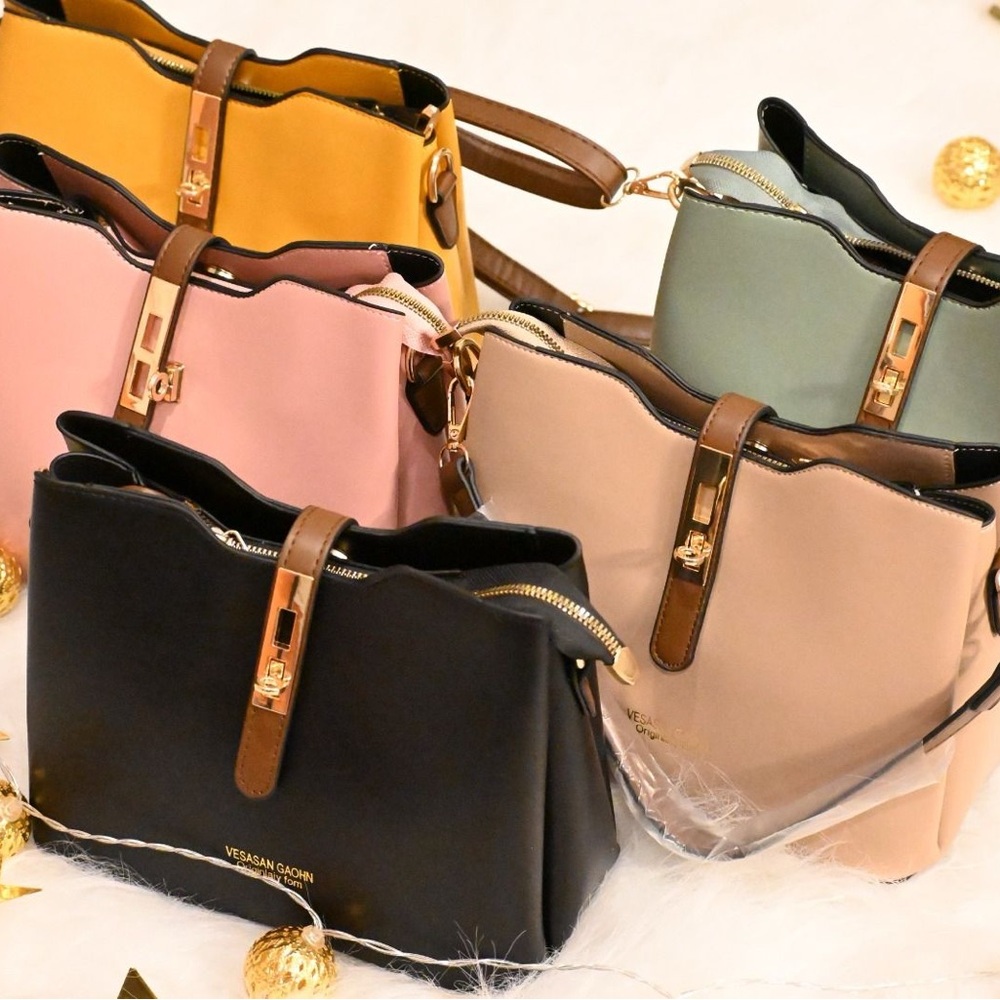 Women's Black Leather Tote with Brown Strap